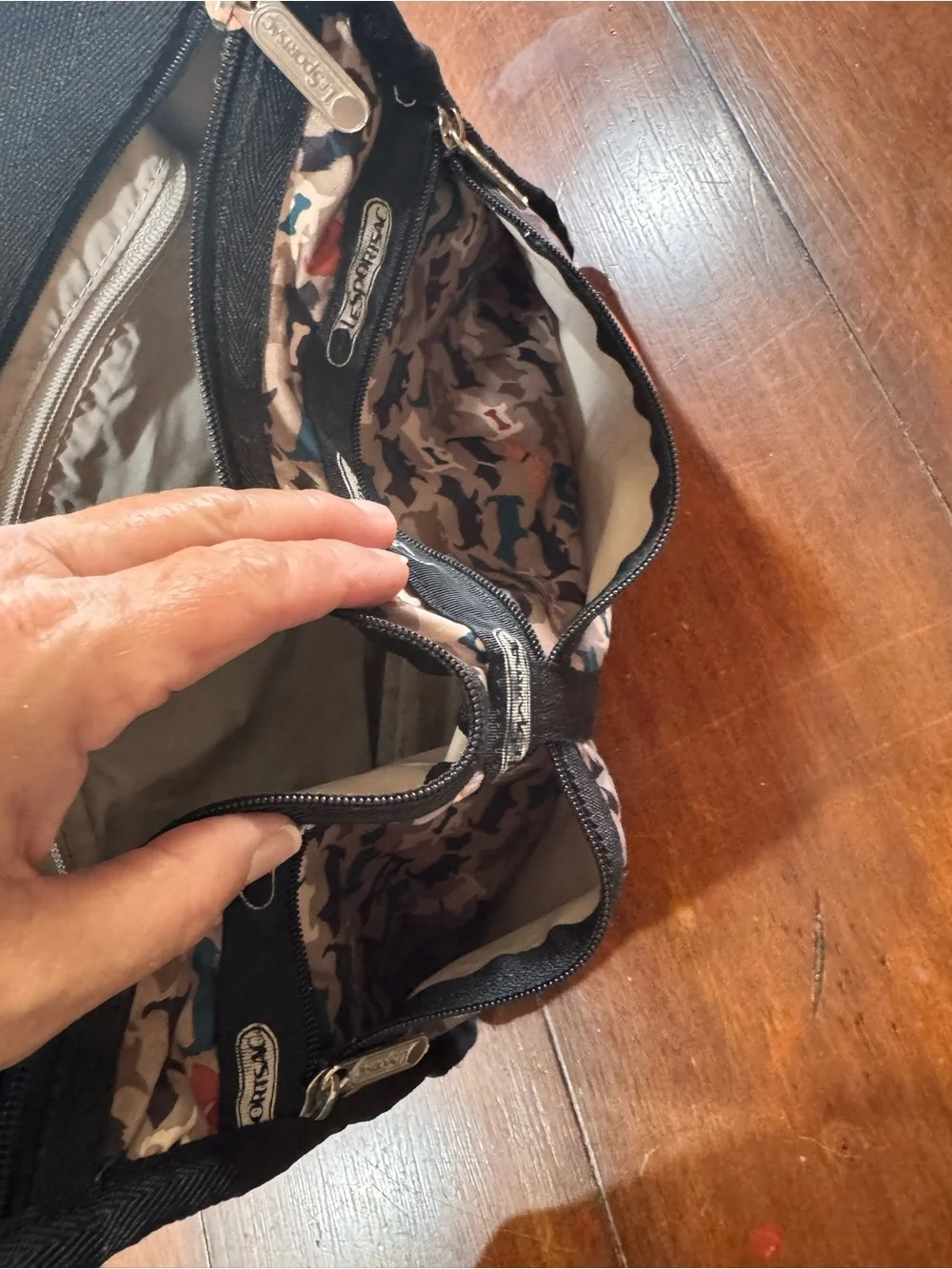 LeSportsac Multi-Dog Print Crossbody in Beige, Blue, Black & Red Accents